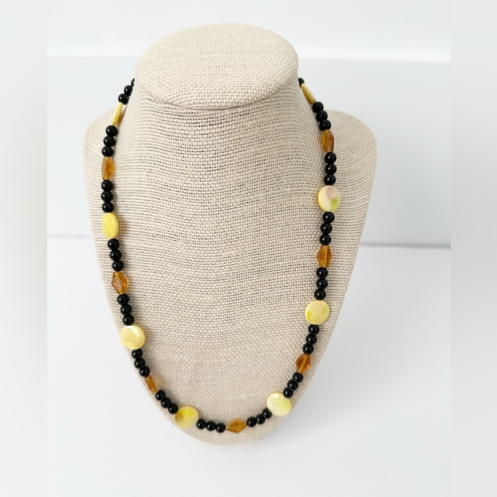 NWT Genuine Black Onyx, Mother of Pearl & Czech Glass Beads Necklace Yellow